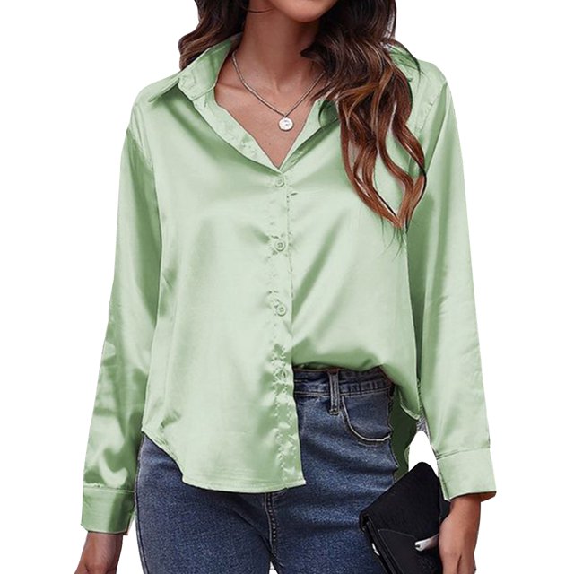 Innerwin Tops Lapel Neck Women Shirts Work Button Down Single Breasted Blouse Light Green M