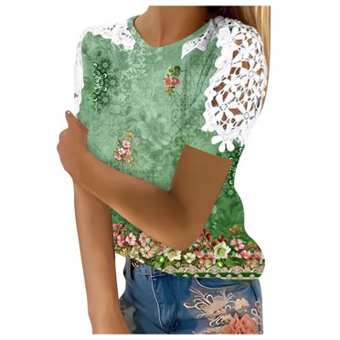 TSADFHJI T-Shirts pour Femmes Grande Taille Coupe Ample Longueur Tunique Hauts pour Femmes Mode d'Été Dentelle Crochet Manches Courtes Col Rond Chemises Blouses Décontractées m Vert Menthe