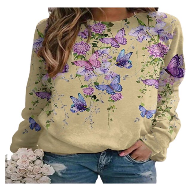 QJUHUNG Sweat-Shirt Décontracté à Manches Longues Papillon Imprimé Graphique Léger Pull-Over Manches Longues Chemises