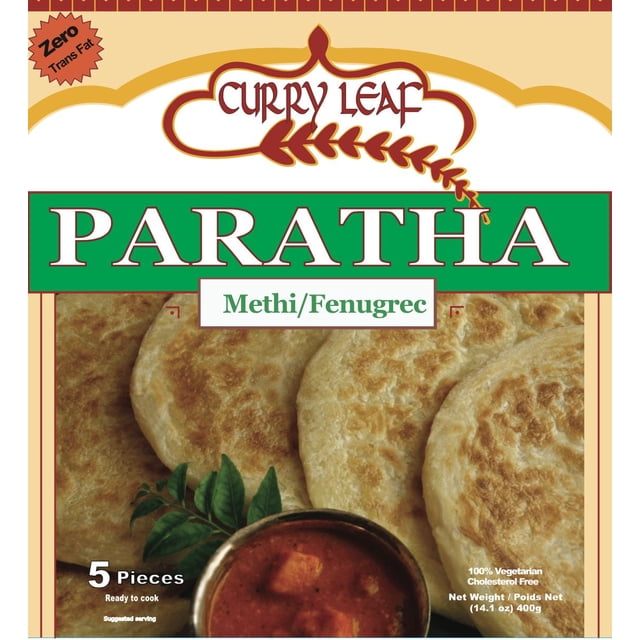 Curry Leaf Emballage de Paratha Methi Montrant Cinq Pains Plats Ronds Prêts à Cuire au Fenugrec avec une texture Brun Doré et un Bol de sauce de Cari Rouge, Étiqueté Zéro Gras trans, 100 % Végétarien, Sans Cholestérol, Poids net 400 g (14,1 oz).