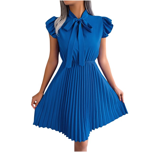 Birdeem Robe Plissée à Grand Mouvement pour Femmes, Unie, Col Rond, Bois Massif, avec Oreilles, Laçage, Taille à Nœud