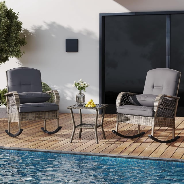 Outdoor Wicker Rocking Chair, Patio Rattan Rocker Chair with Cushions & Steel Frame, All-Weather Rocking Lawn Wicker Furniture for Garden Backyard Porch