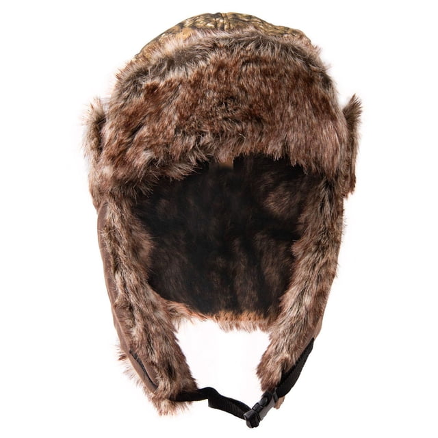 Realtree Edge APX Men's Trapper Hat with brown sherpa fleece lining, soft faux fur outer fabric, ear flaps, and adjustable black buckle chin strap, designed for cold weather hunting protection and wind resistance.