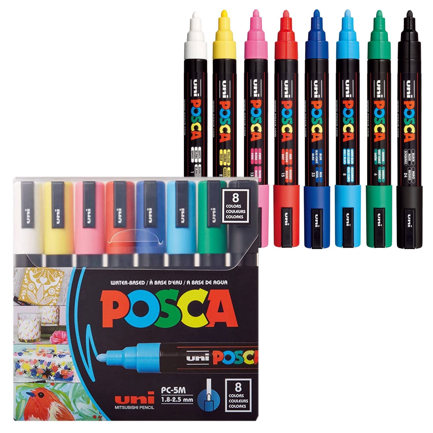 uni® POSCA PC-5M Water-Based Paint Markers, Reversible Medium Tip (1.8-2.5mm), Assorted Colors, 8 Pack