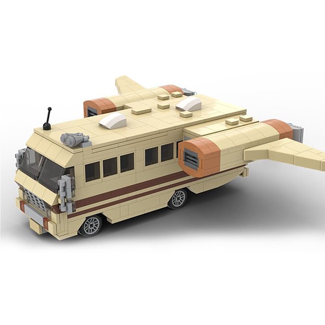 Model Building Blocks Set for Iconic Vehicle Spaceballs Eagle 5 MOC Bricks Toys, featuring 647 pieces. The build replicates the Eagle-5, a flying spaceship inspired by the 1986 Winnebago Chieftain 33, with beige and brown tones, space engines, and wings. Dimensions are 25 x 31 x 11 cm. Made of ABS plastic, compatible with major brands, and suitable for display or as a collectible. Includes PDF instructions but no stickers, minifigures, or printed parts.