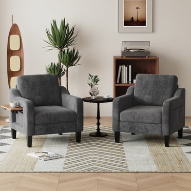 MALOL Modern Accent Chair Set of 2 with Foldable Table, 2 Side Pockets,Upholstered Living Room Side Chair Wooden Fabric Armchair, Single Sofa for Bedroom/Office/Reception Room, Dark Grey