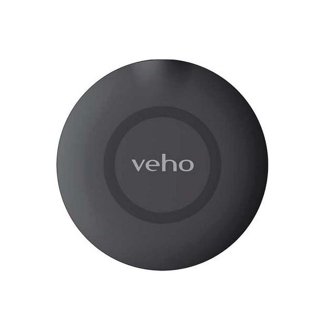 Veho DS-6 Qi 15W Wireless Charging Pad in grey, shown from above with a circular matte surface and central 'veho' logo, compatible with all Qi-enabled smartphones for fast wireless charging, ideal for home, business, or travel use.