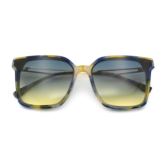 Womens Luxury Designer Inset Lens Metal Arm Horn Rim Plastic Fashion Sunglasses Yellow Blue Marble - Black Yellow