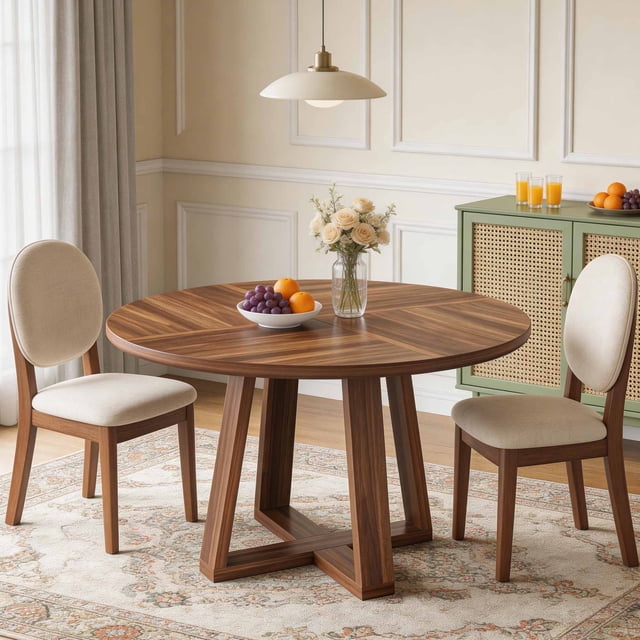 47 in Round Dining Table for Dining Room, Kitchen Table for 4 Man, Farmhouse Dinner Table with Wooden Tabletop and Cross Base