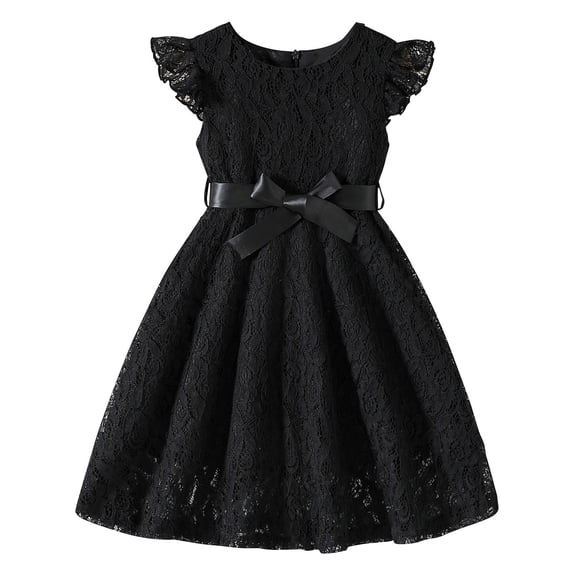 yoeyez Fashion Girls Summer Dress Toddler Girls Lace Embroidery formal Dresses with Satin Belt Ruffle Sleeve Ruffle Sundress Party Princess Girls Casual Dresses Black,4-5 Years