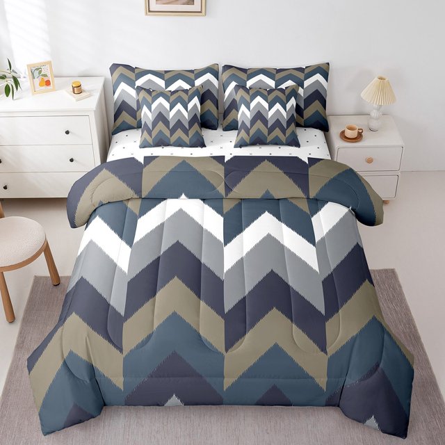 Erosebridal Blue Geometric Bedding Sets King Size, Chic Minimalst Comforter Sets with Sheets, Abstract Decor, Reversible 7-Piece