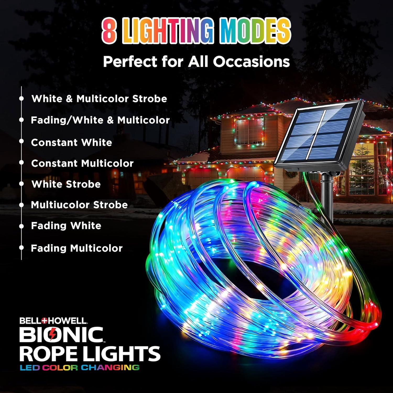 Bell + Howell Bionic 50 Pi. Guirlande Lumineuse à Énergie Solaire et USB Changeant de Couleur