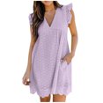thumbnail image 2 of Meichang Robe Brodée pour Femmes Coupe Ample Robes Bohèmes Été Décontracté Robe Midi à Oeillets Volants Col en V Robes Amples Unies Robe de Plage, 2 of 5