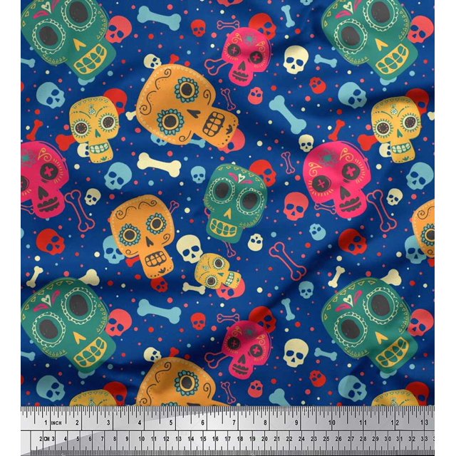 Soimoi Modal Satin Fabric Dot,Bone & Skull Print Fabric by The Yard 42 Inch Wide