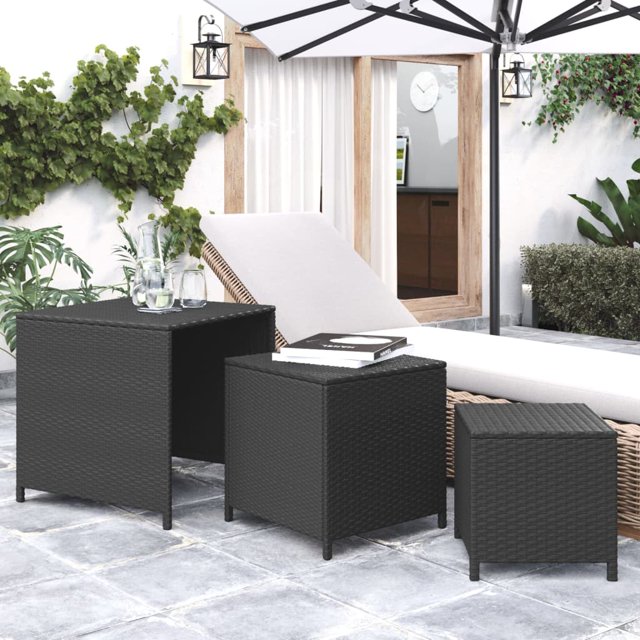 vidaXL Nesting Tables 3 Pieces Black Poly Rattan Indoor / Outdoor