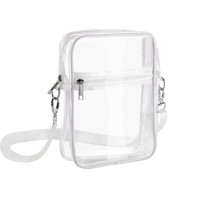 Clear Bag Stadium Approved Crossbody Clear Bag designed for work, business travel, and stadium use. Made of durable PVC material, this unisex clear crossbody shoulder bag features a transparent body for easy visibility and quick security checks. Includes a front pocket for convenient storage of keys and cards, and an adjustable shoulder strap for comfortable carrying. Lightweight, easy to clean, and suitable for public venues with clear bag policies.