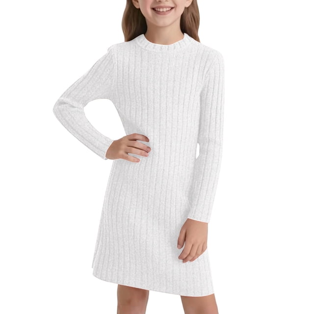 HXWCHs Robe à Manches Longues Filles Coupe Ajustée Robe Moulante Hiver Chaude Extensible Col Roulé Manches Longues Tenue Décontractée pour Tout-Petits et Enfants avec Doux Blanc 8-9 Ans