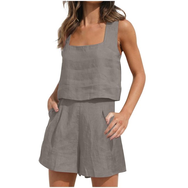 Womens 2 Piece Outfits Linen Square Neck Crop Tops Short Set 2023 Lounge Matching Sets Trendy Clothes Beach Summer