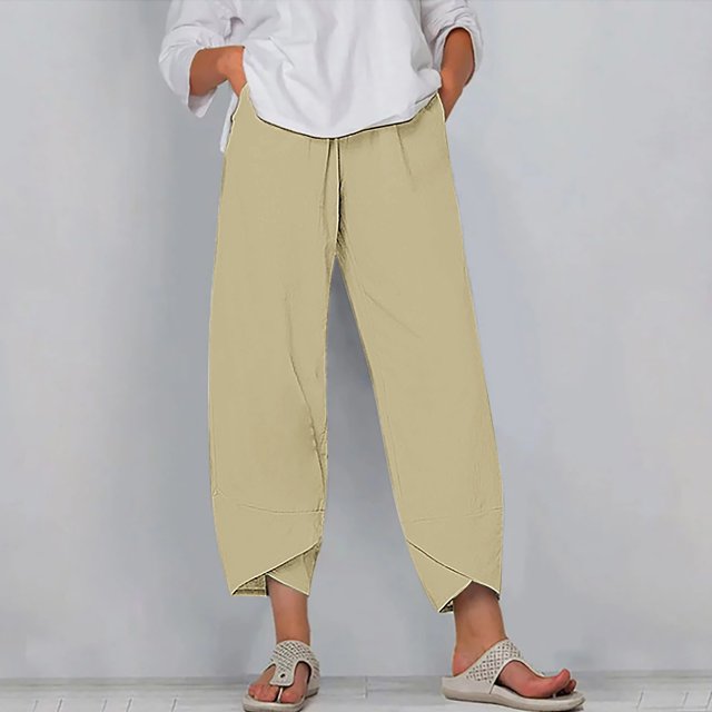 RXIRUCGD Women's Summer Comfortable Loose Wide Legged Fashion Solid Color Capris, Khaki, Size: L