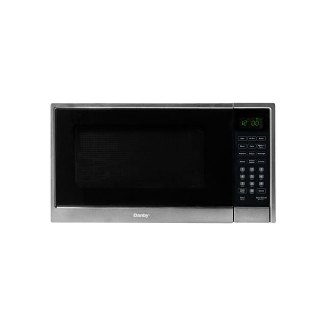 Danby 1.3 cu. ft. Multifunction Countertop Microwave with Air Fry in Stainless Steel (DBMW1361ABSS). This 4-in-1 appliance offers microwave, air fry, convection, and microwave + convection modes. It features a sleek stainless steel design with a black control panel, 1000 watts of power, and 11 power levels for precise cooking. The control panel includes auto cook presets for popcorn, potato, beverage, frozen dinner, and reheat, along with express cook buttons and an add 30 seconds option. The microwave also includes auto defrost by time or weight, a child safety lock, and a baking and roasting plate for versatile cooking. Ideal for modern kitchens.