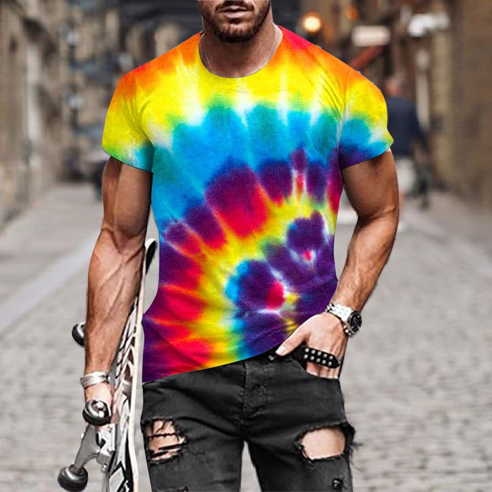 EGNMCR T-shirt à Encolure d'Été pour Homme, Motif Imprimé, Manches Courtes