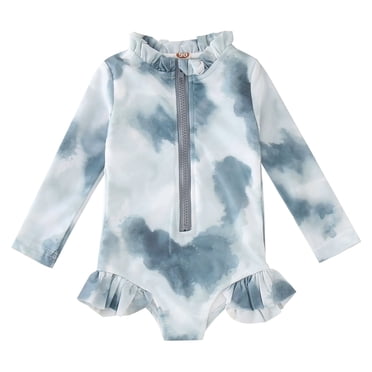 TIWEKE Kids Floral Print Swimwear,Summer Toddler Girls Long Sleeve Ruffles Colour Tie Dye Gradient Prints 1 Piece Swimwear Beach Onesie Swimsuit Bikini Baby Swim 4-5 Years