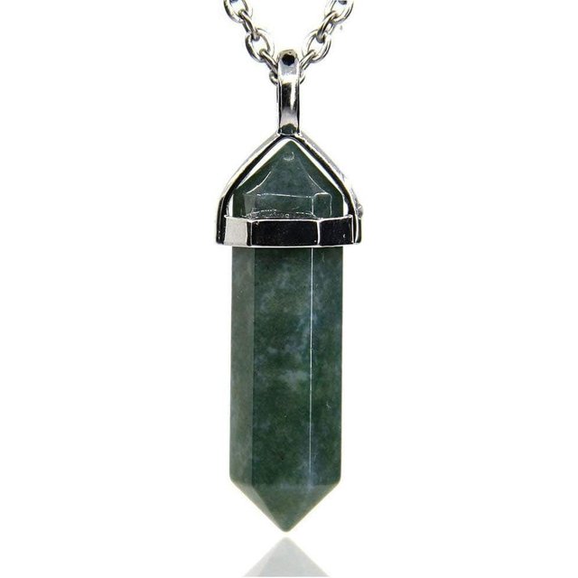 Moss Agate Gemstone Hexagonal Pointed Reiki Chakra Pendant Necklace 20"