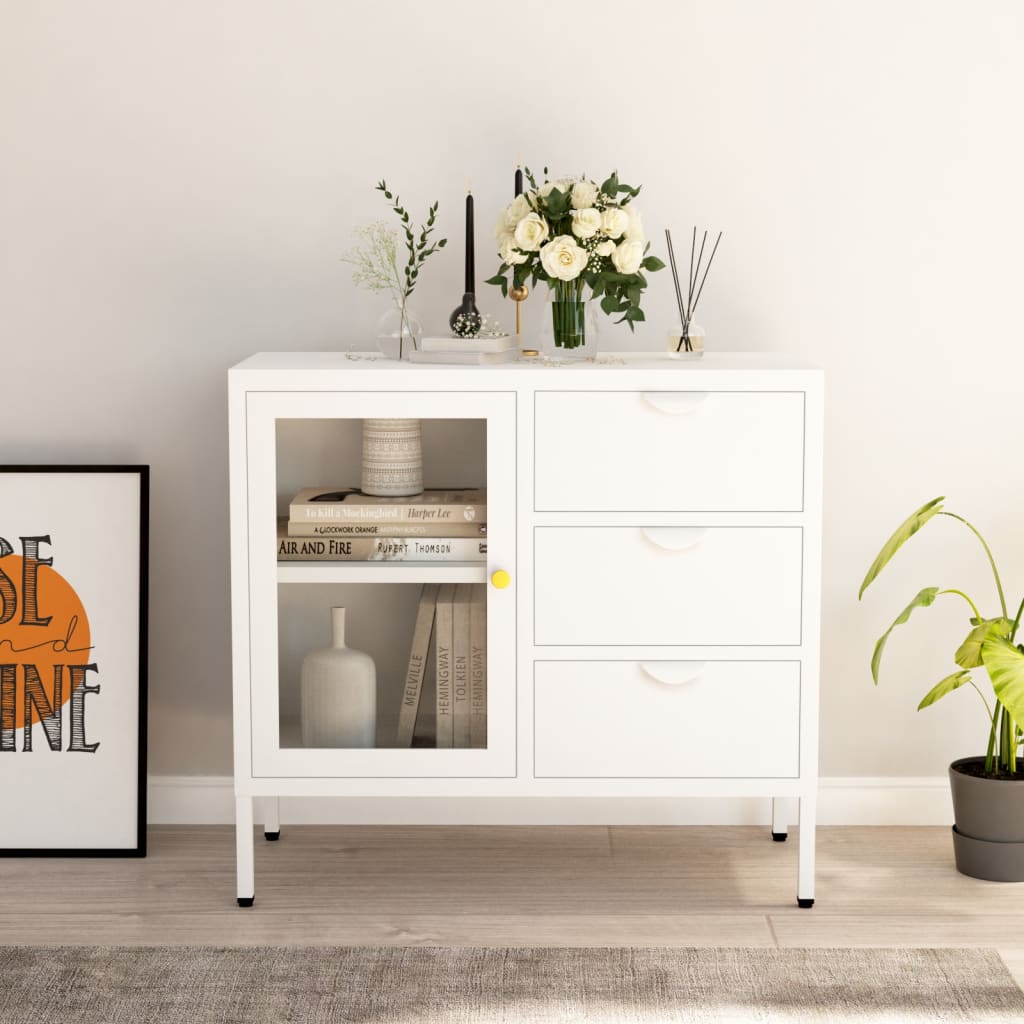 vidaXL Buffet Blanc 75x35x70 cm Acier et Verre Trempé
