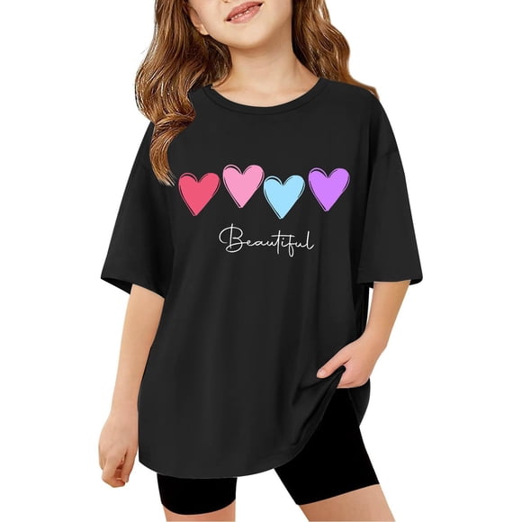 Children Kids Girls Letter Printed Short Sleeve T Shirts Kids Oversized Tops Casual Crewneck Basic Tees Black 130/7 Y—8 Y