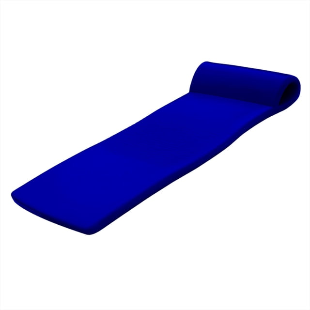 TRC Recreation Sunsation 1.75-inch thick foam swimming pool float in navy blue. This large pool lounger features a smooth vinyl-coated surface, a built-in roll pillow for head and neck support, and dimensions of 70 inches long by 26 inches wide. Designed for durability and comfort, it accommodates full-sized adults and is ideal for poolside relaxation or lounging on the lake.