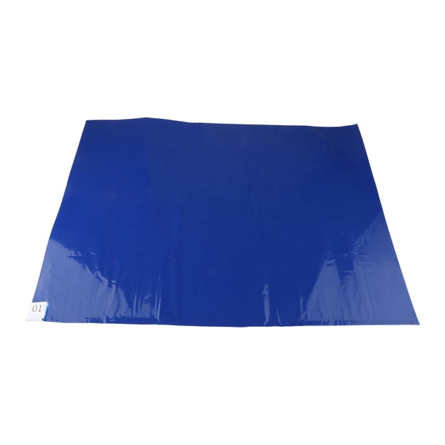 30-Layer Tacky Dust Control Mat by Elodie, measuring 60x90 cm, shown in a vibrant blue colour. The mat features a high-tack polyethylene surface with anti-static properties, designed to trap dust, dirt, snow, and salt from shoes and carts. Ideal for entryways, cleanrooms, and laboratories, it includes 30 numbered peel-off layers for easy maintenance. Suitable for indoor use on smooth, dry floors like tile, concrete, and vinyl.
