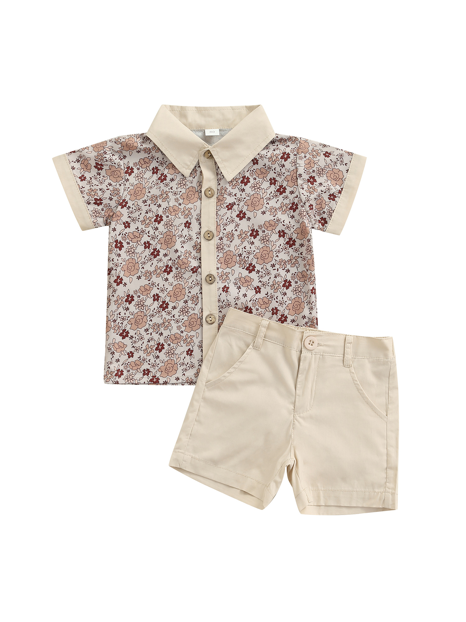 Kmbangi Floral Print Turn-Down Collar Short Sleeve Shirt+ Solid Color Shorts