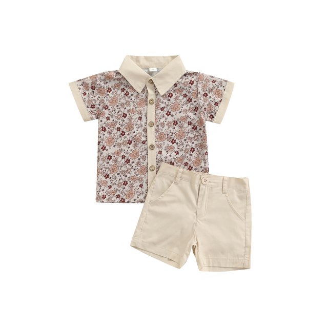 Kmbangi Floral Print Turn-Down Collar Short Sleeve Shirt+ Solid Color Shorts