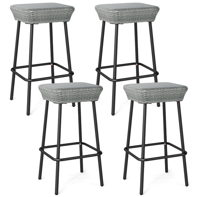Gymax 29.5'' Metal Bar Height Stools Set of 4 w/ Rattan Seat & Footrest for Backyard