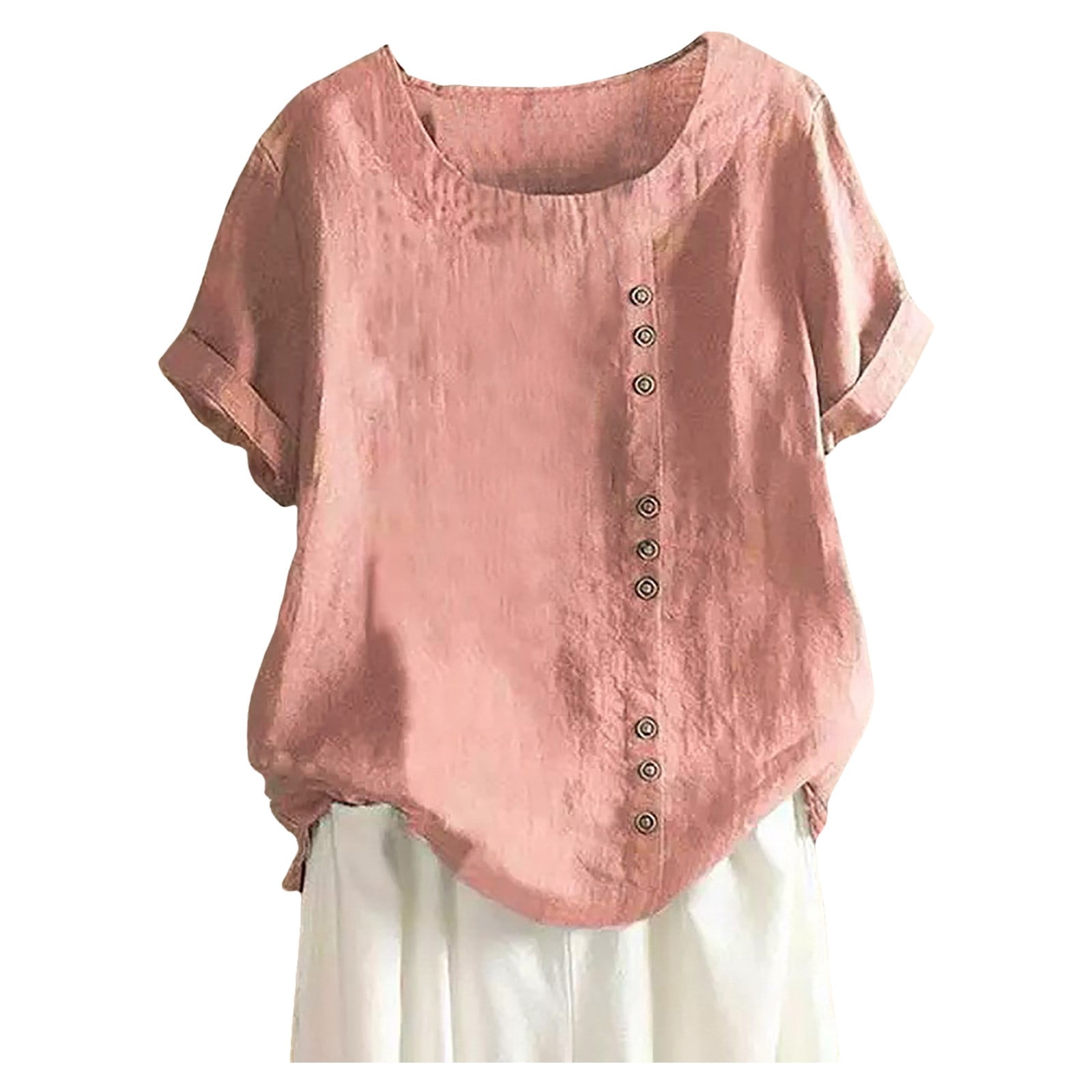 WEIYLL Womens T-Shirts Plus Size Linen Loose Tunic Breathable Boho Solid Pink Tees Sizes S