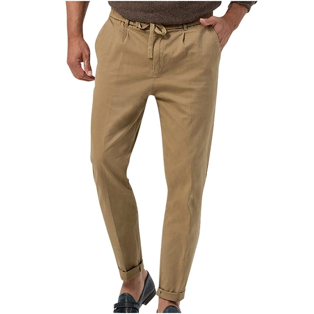 RXIRUCGD Men's Fashion Drawstring Elastic Waist Solid Color Casual Length Pants, Khaki, Size: L