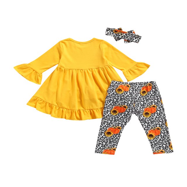 Kids Tracksuit Flared Sleeve Blouse + Pumpkin Print Pants + Hairband Set