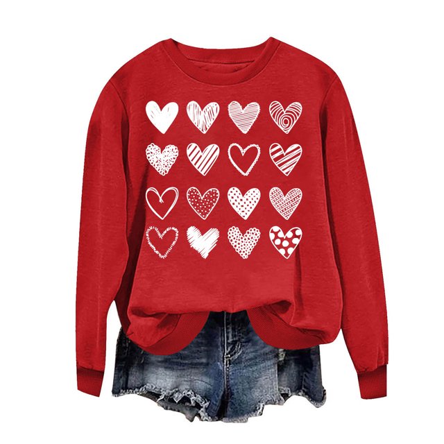 Penkiiy Chandail à Imprimé Cœur pour Femme, Manches Longues, Col Ras du Cou, Décontracté, Ample, Style Vintage, Chandail Graphique « Love », Hauts, S, Rouge