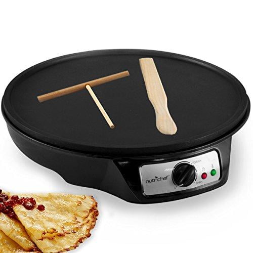NUTRICHEF PCRM12 ELECTRIC CREPE AND GRIDDLE MAKER with a 12-inch non-stick aluminum cooking surface, adjustable temperature rotary dial, and LED indicator lights. Includes a wooden spatula and batter spreader for easy crepe preparation. Compact design suitable for countertops and tabletops, featuring a 1200-watt heating element and a 2.5-foot power cord. Ideal for making crepes, pancakes, eggs, and bacon.