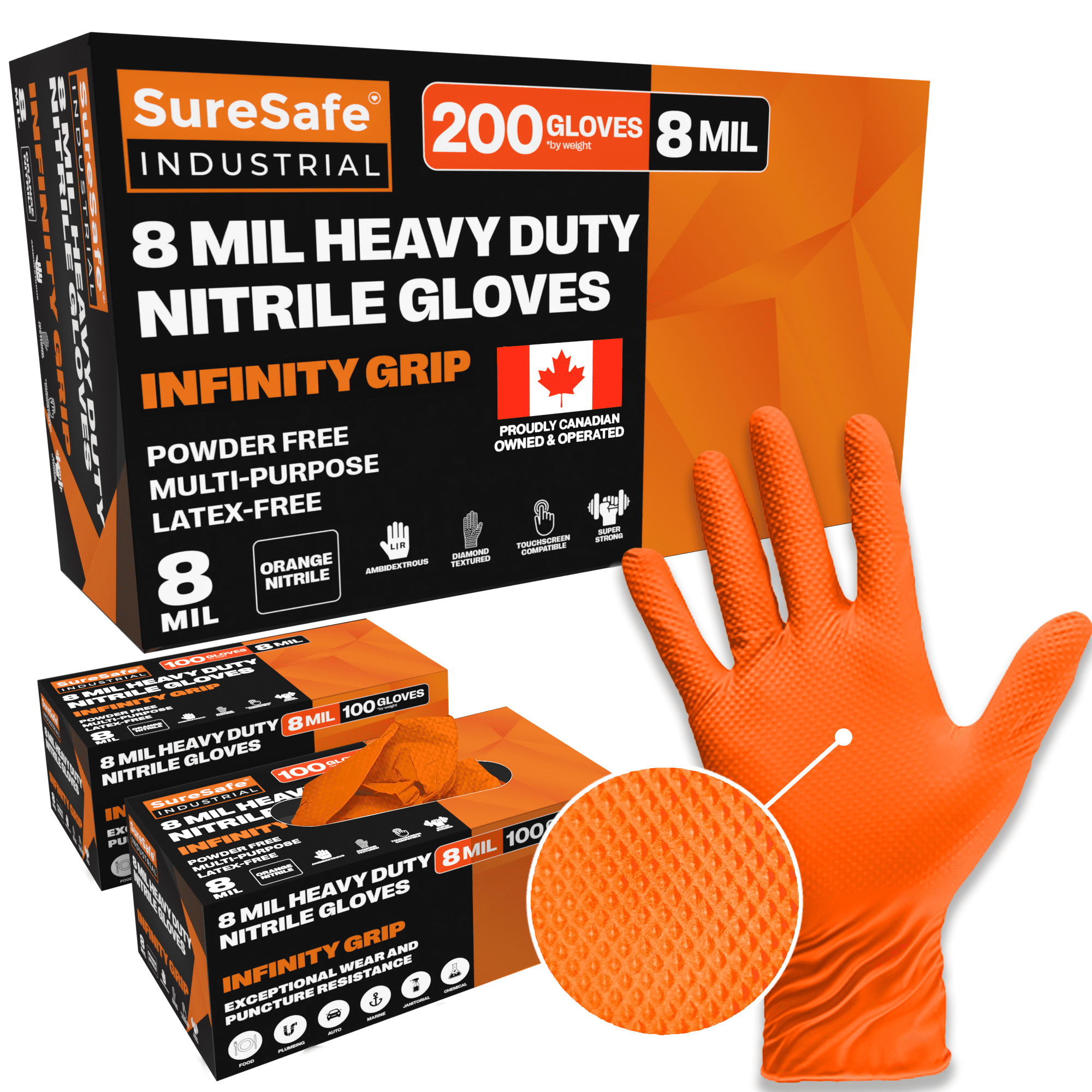 SureSafe 8 Mil Orange Nitrile Disposable Gloves, Heavy Duty, XXL, 200 Count