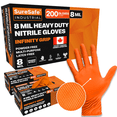 thumbnail image 1 of [200 Pack] SURESAFE 8 Mil Nitrile Gloves XL, Orange Rubber Gloves Heavy Duty, Powder & Latex Free, Diamond Grip, Fully Textured & Ribbed, For Work, Mechanics, BBQ, Plumbing, Food Prep, 1 of 6