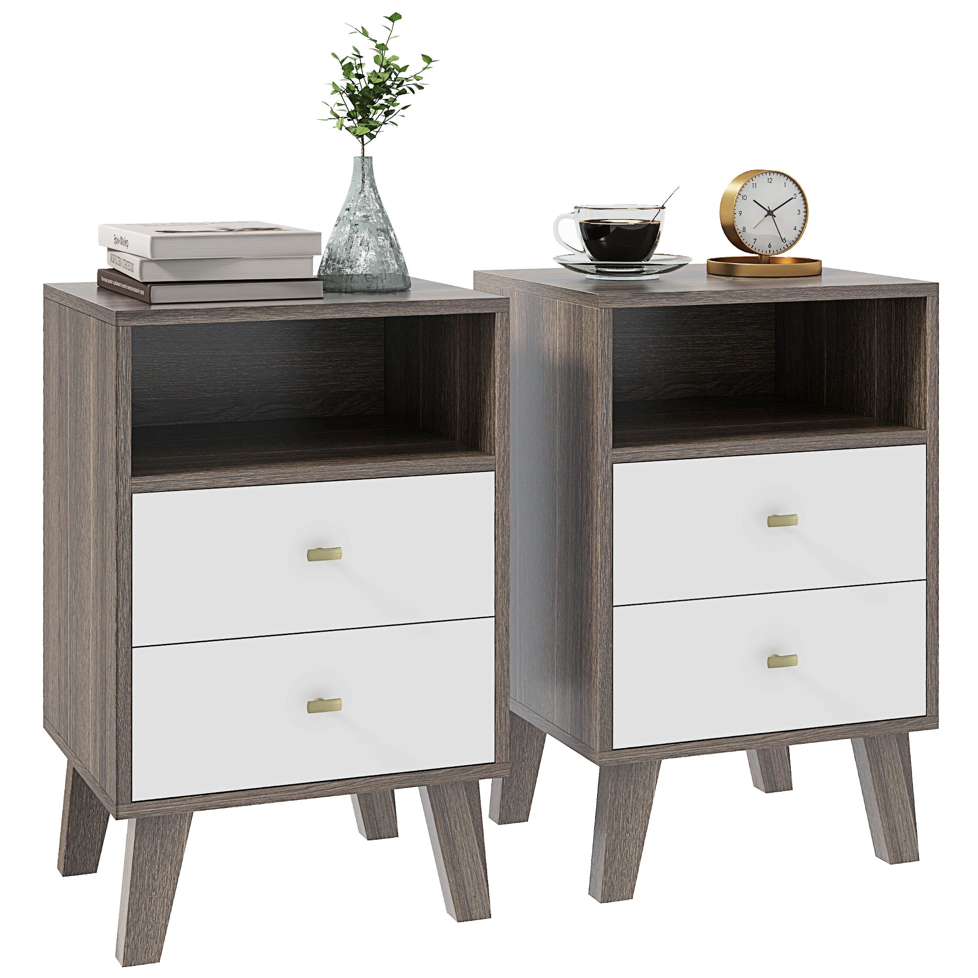 HOMCOM Nightstand Set of 2 Bedside Table with 3 Drawers and Open Storage