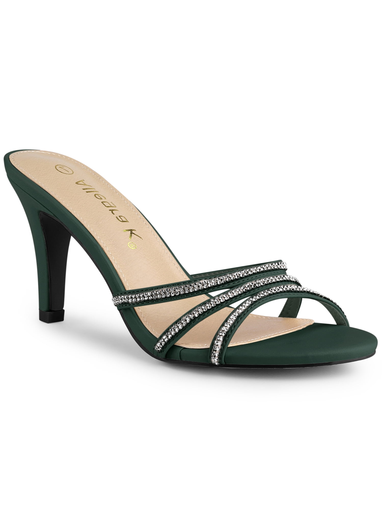 BLISSFUL STEP Women's Triple Strap Rhinestone Mules Open Toe Stiletto Heel Slide Sandals Dark Green 8