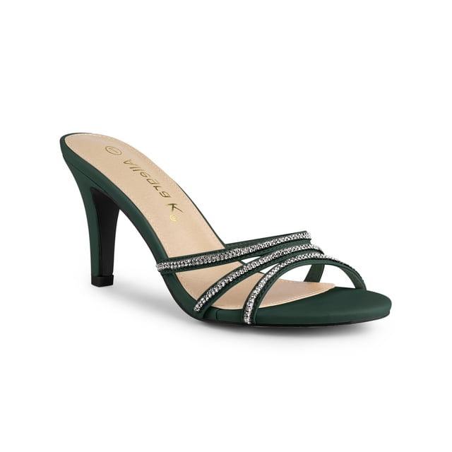 BLISSFUL STEP Women's Triple Strap Rhinestone Mules Open Toe Stiletto Heel Slide Sandals Dark Green 8