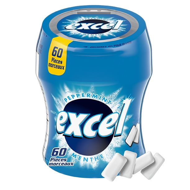 EXCEL Peppermint Flavoured Sugar Free Chewing Gum, 60 Pieces, 1 Bottle, blue curved plastic container with Excel logo and peppermint snowflake design, with white gum pellets beside it, ideal for freshening breath and portable for use at work or in the car.