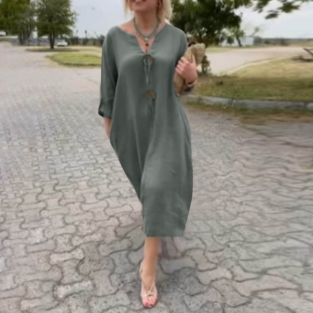 Ovzne Robes pour Femmes Robe de Plage Mode Femmes Décontractée Unie à Manches Longues Bouton Poche Robe à Col en V Grande Taille Robe Maxi à Manches Longues Liquidation