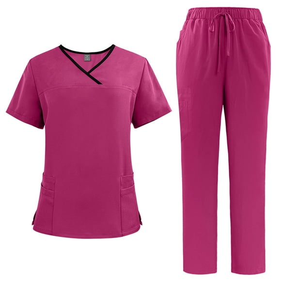 2 Piece Jogger Scrub Set for Women Classic Fashion Nursing Uniforms Short Sleeve Cross Neck Tops and Pants Medical Uniform, Hot Pink, M