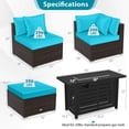 thumbnail image 3 of Costway 5 PCS Patio Furniture Set Heavy-duty Frame Rattan Sofa Set with 60,000 BTU Firepit Table Turquoise, 3 of 10