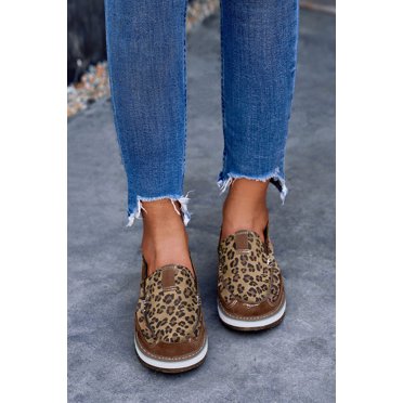 POGLIP Espadrilles Plates en Toile à Empiècements Léopard pour Femmes