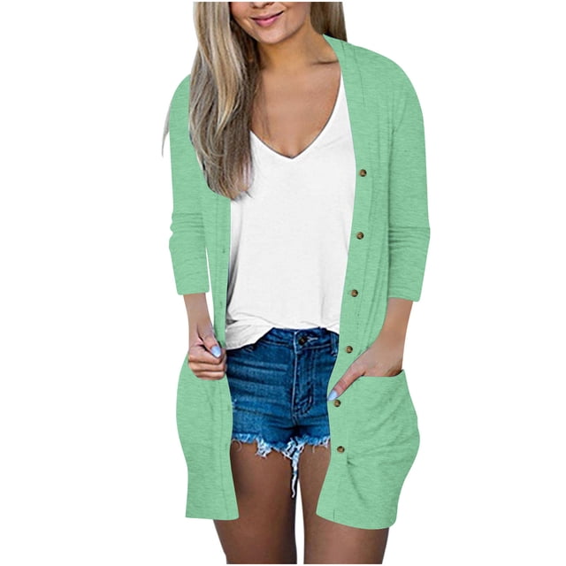 Womens Soft Button Down Cardigan Long Sleeve Light Weight Shirts Jacket Comfy Loose Fall Lounge Wear Tops Mint Green, L